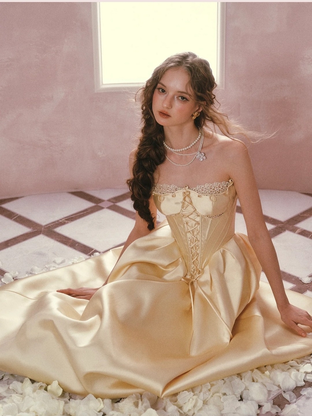 Belle's Gilded Corset Ball Gown Dress in Champagne Gold